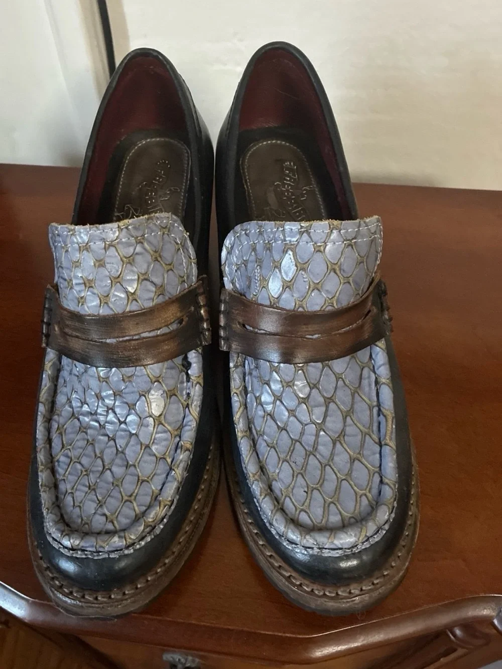 Freebird Black Leather & Lavender Textured Penny Loafer Heels - Women's 7 - Picture 2 of 5